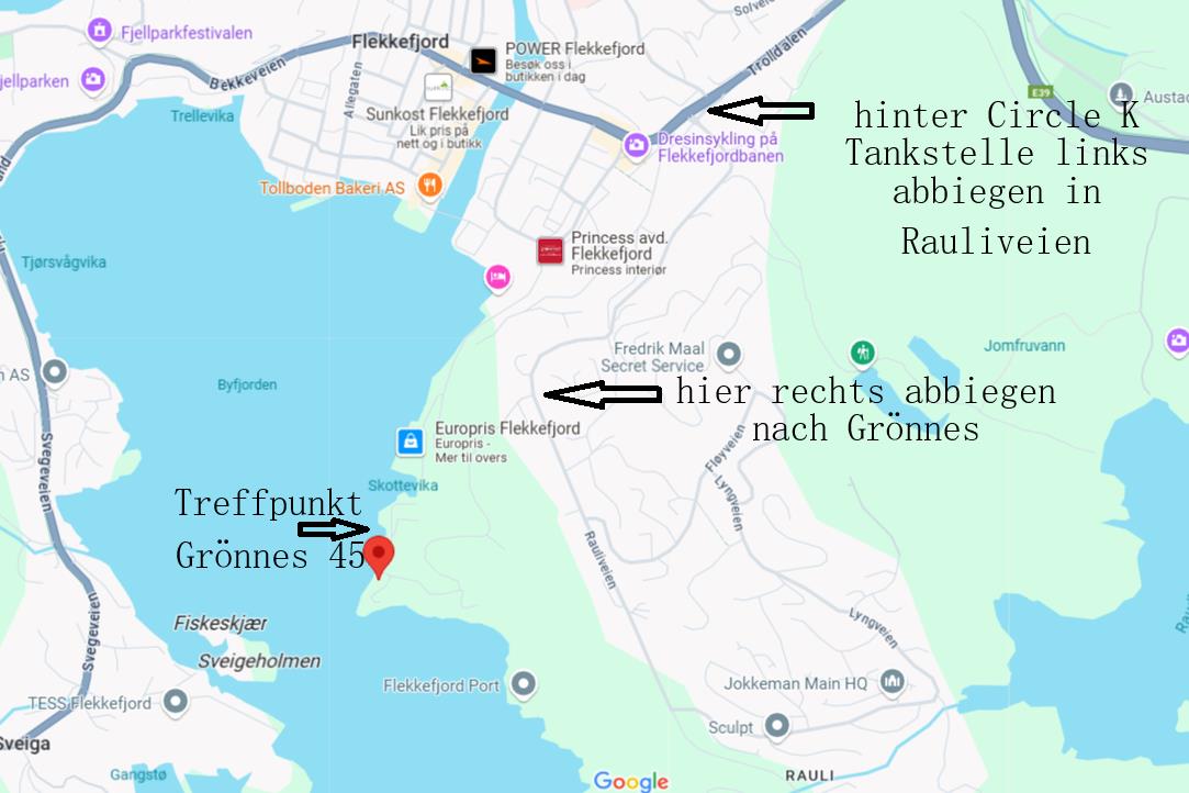 Anfahrt zum Treffpunkt Grønnes 45, 4407 Flekkefjord